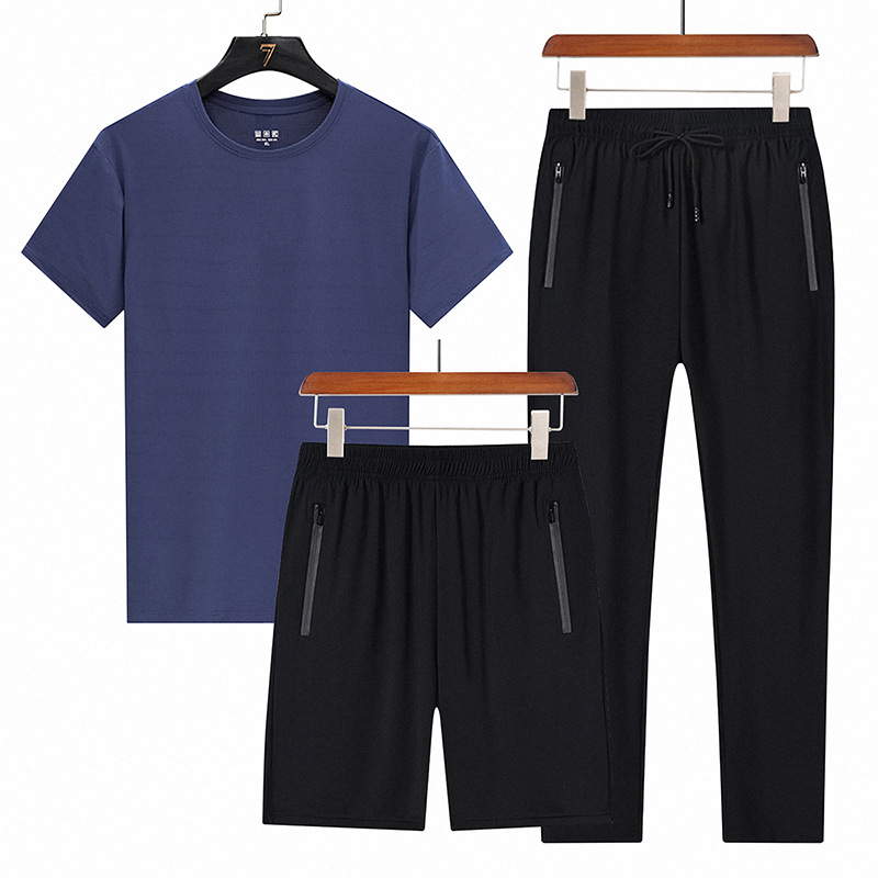 Trajes deportivos de verano transfronterizos de seda de hielo para hombres, camisetas de manga corta, pantalones cortos de tres piezas casuales para hombres