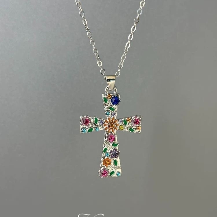 亚马逊跨境外贸新品Vintage古着Garden Cross彩色花朵十字架项链|undefined