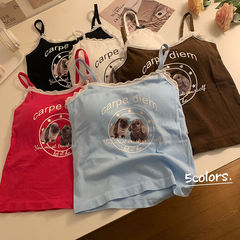 甜酷辣妹風霧霾藍兔子印花吊帶裹胸美背短款上衣百搭外穿內搭修身