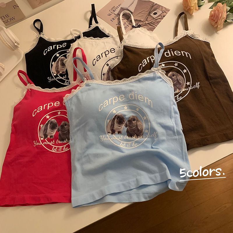 Sweet Cool Spice Girl Wind Haze Blue Rabbit Print Sling Wrap Chest Beautiful Back Short Top All-match Outer Wear Inner Slim Fit