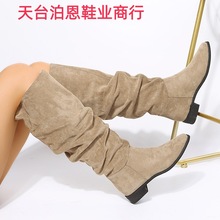 2025跨境外贸欧美时尚秋冬新款女士皮靴褶皱西部牛仔圆头中筒女靴