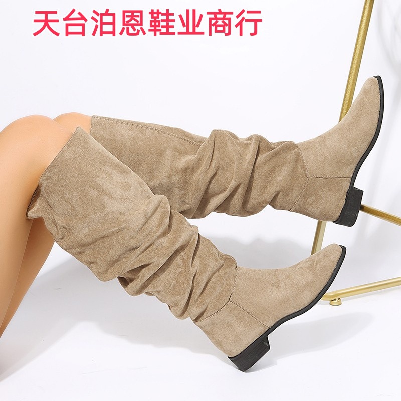 2025跨境外贸欧美时尚秋冬新款女士皮靴褶皱西部牛仔圆头中筒女靴