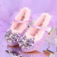 支持代销跨境加绒保暖女童高跟女孩皮鞋儿童棉鞋柔软公主水晶鞋