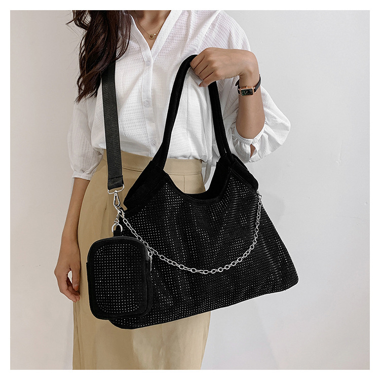 Pu Leather Material Solid Color Pattern Vintage Style Solid Color Rhinestone Semicircle Zipper Shoulder Bag Tote Bag