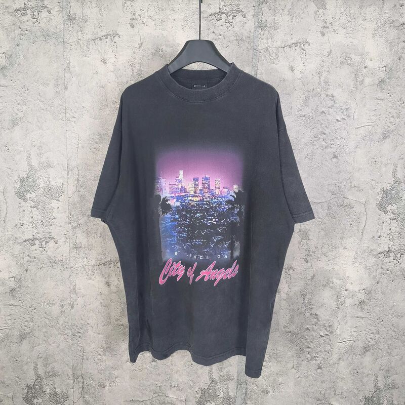 Ceiling Poisoner オリジナル パリ B エンジェルシティ ロサンゼルス 夜景 直噴プリント ラウンドネック 半袖 Tシャツ|undefined