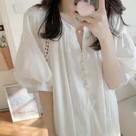 韩国ins女士夏季新品韩版纯色提花珍珠口短袖连衣裙家居服睡裙女