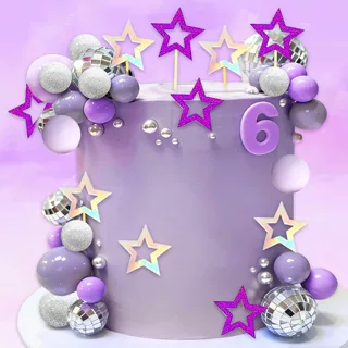35件紫色迪斯科镜面球蛋糕装饰镂空紫色幻彩五角星摆件生日派对