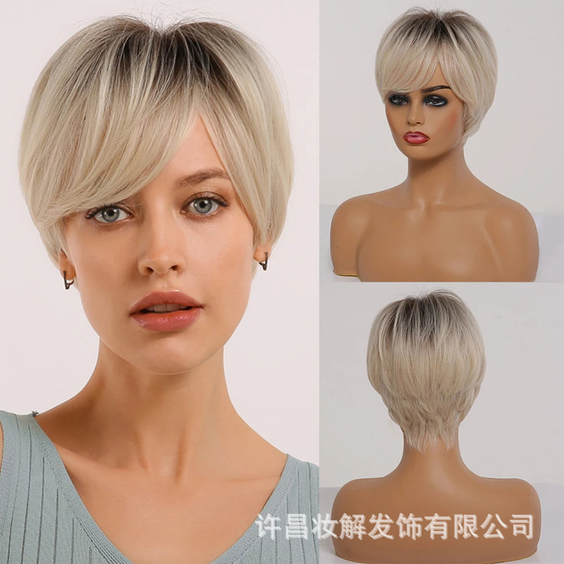 Short Women's Synthetic Wig Gradient Blonde Wig Layered Hair Style Natural Hair Cosplay Daily Wig Resistant