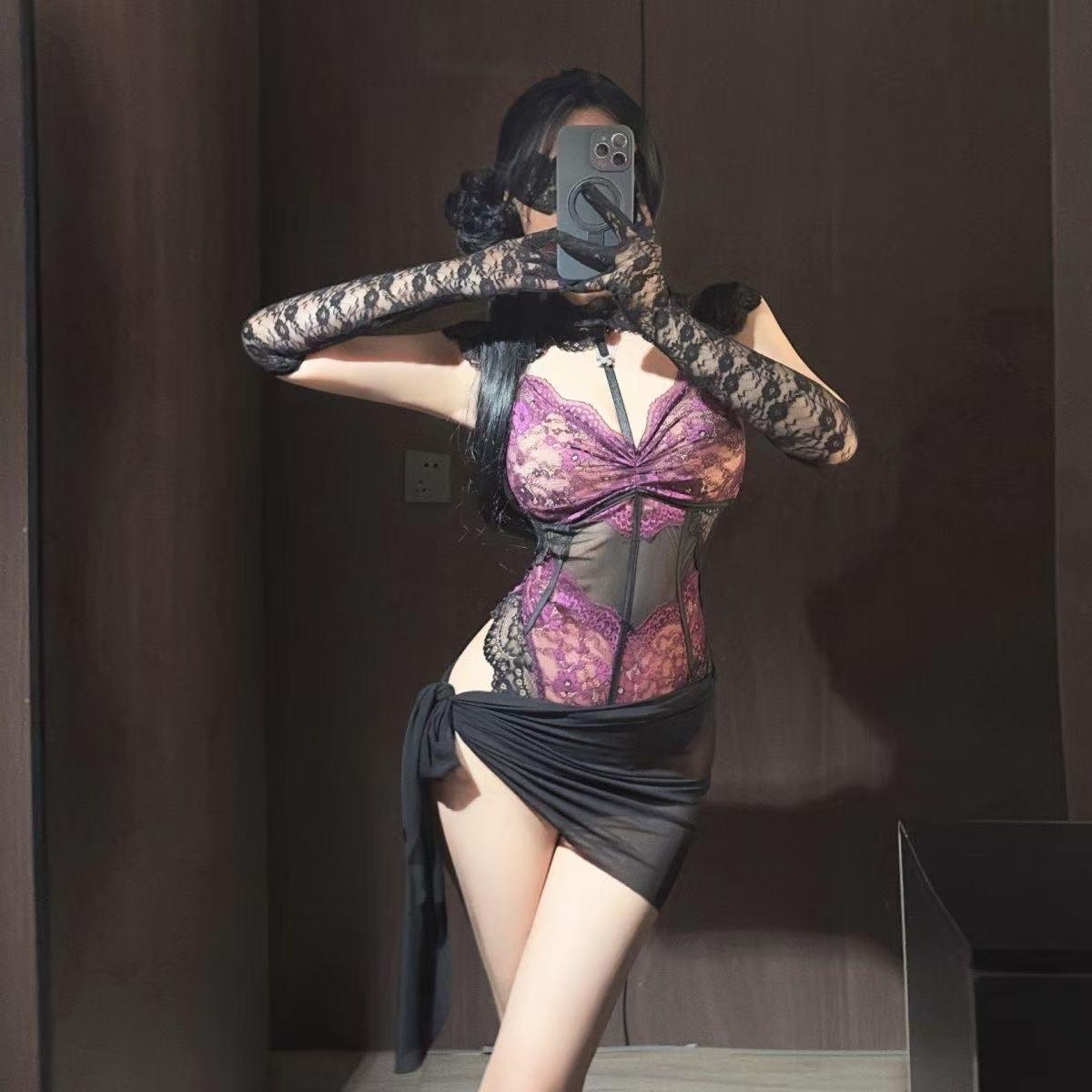 French-Style Lace See-Through Bodysuit Set with Skirt and Patterned Gloves — detail image 4