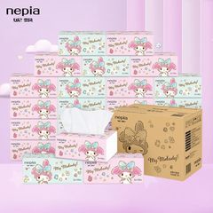 ニレ美楽蒂100は24包の箱を引き出して、サンリオの連名ティッシュを引き出します。家庭用のお得な箱です。