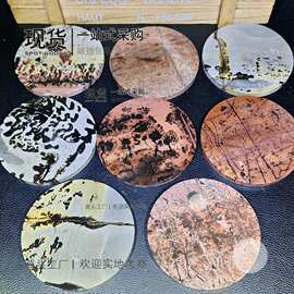 跨境热销天然水晶图画石原石切割打磨圆饼装饰摆件个性图片工艺品