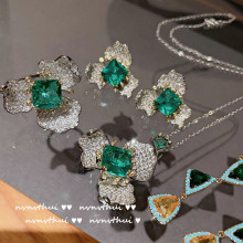 花开富贵花朵宝石耳坠 镀18K金祖母绿彩宝锆石花朵耳环 戒指 项链