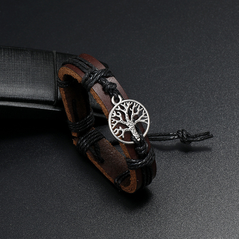 retro pull handle rope woven tree of life leather bracelet
