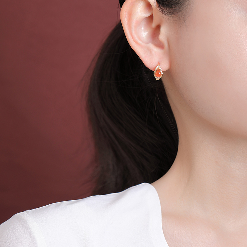 Bông tai đinh tán hoa tai kẹp phong cách Trung Quốc khí chất, đá đỏ ngọc bích mạ vàng bạc S925 — Mẫu đỏ nam