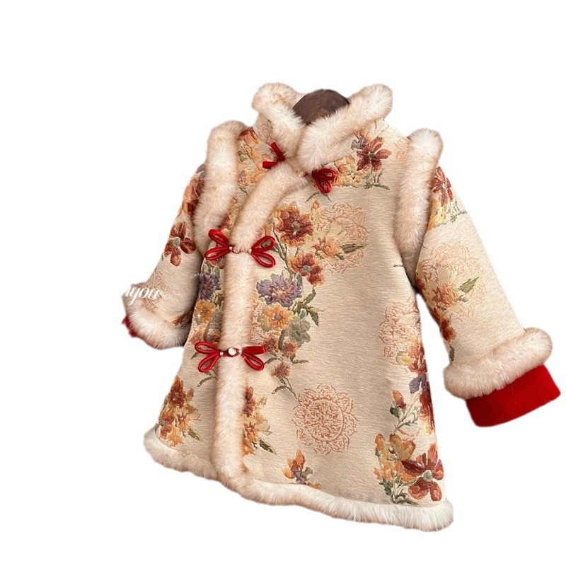 Invierno de 2025 Peonia Redonda Estrella de Niñas Nuevo brocado chino flores estilo nacional engrosado vestido de Año Nuevo moda