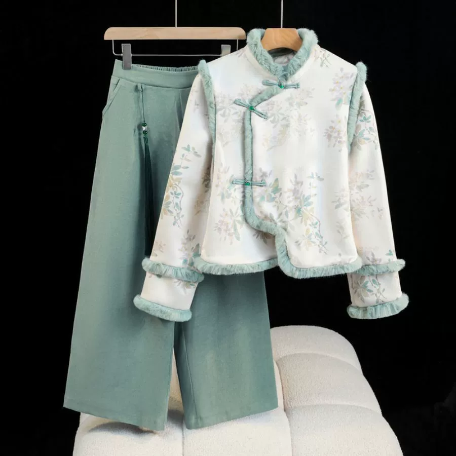 Новый китайский стиль ретро с плюшевым шерстяным воротником зимой