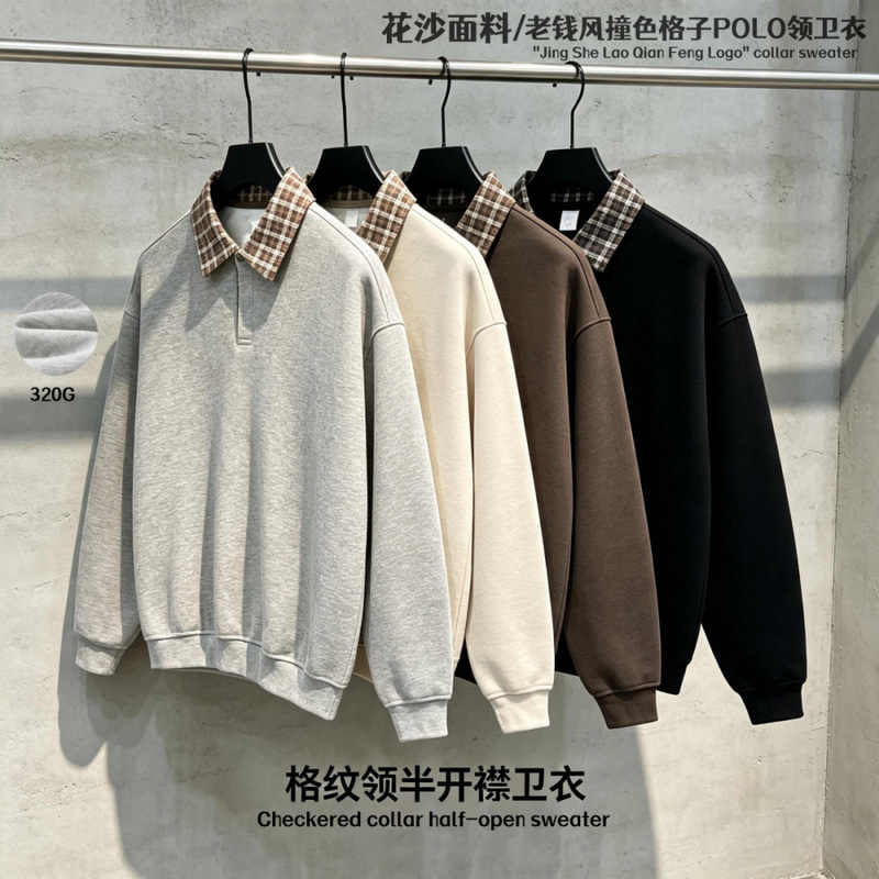 Chinese-American style autumn and winter new trendy brand commuter old money style patchwork plaid half-open chest POLO collar long-sleeve sweatshirt 320G Chinese-American style autumn and winter new trendy brand commuter old money style patchwork plaid half-open chest POLO collar long-sleeve sweatshirt 320G