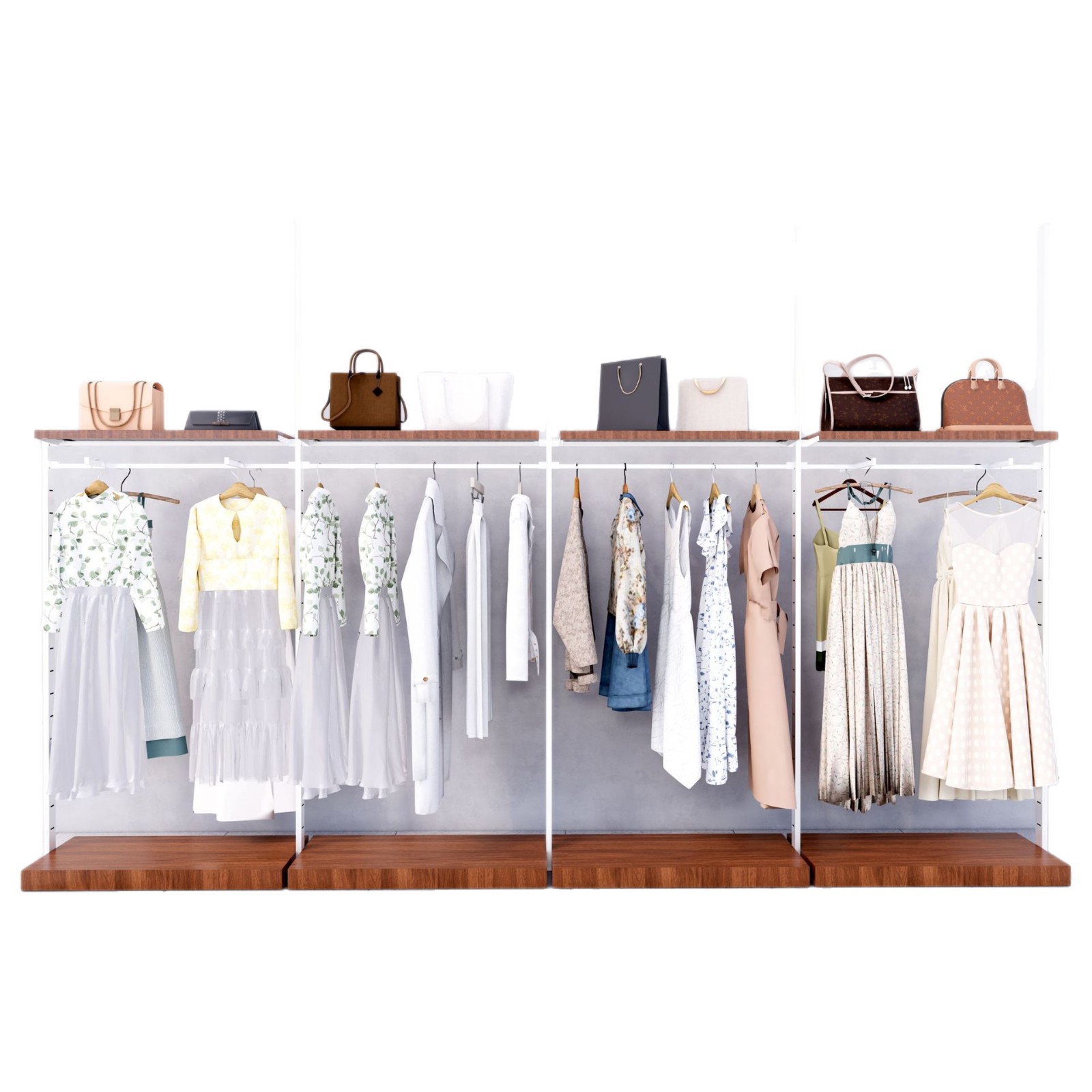 Estante comercial de exhibición de estante tienda de ropa de mujer estante de exhibición de tienda de ropa estante de exhibición de estante de exhibición de productos montados en la pared