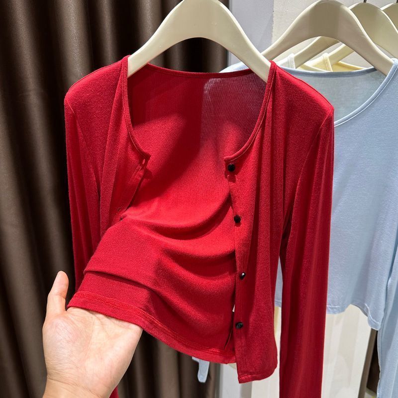Red knitted cardigan