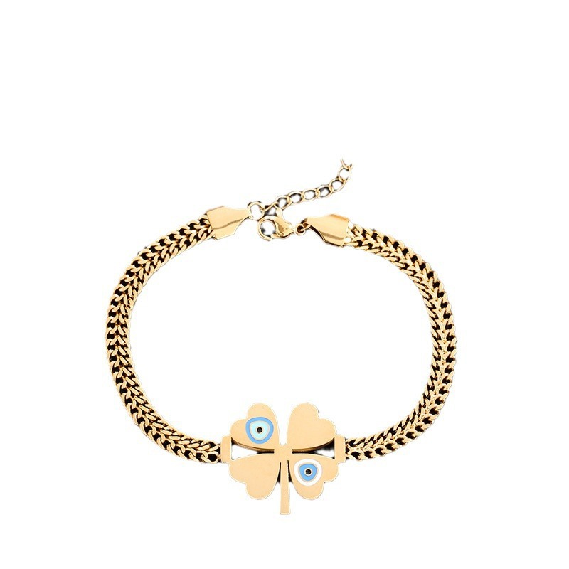 Amazon venta al por mayor transfronteriza Europa y América de moda ojos azules cuatro hojas colgante pulseras de acero joyas al por mayor