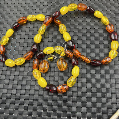 荧光浮盐水蜜蜡多宝珠三件套人造蜜蜡耳环花蜜蜡琥珀手链彩色蜜蜡|ms