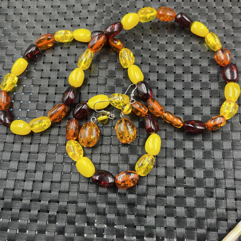 荧光浮盐水蜜蜡多宝珠三件套人造蜜蜡耳环花蜜蜡琥珀手链彩色蜜蜡|ms