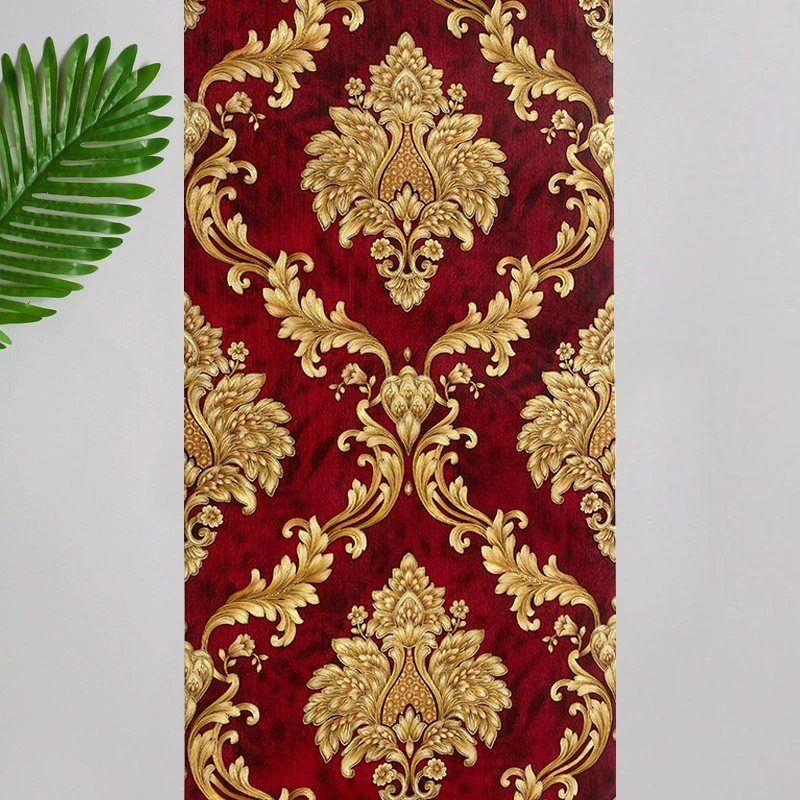 Red 3D three-dimensional European flower wallpaper bedroom living room dining room KTV box background wall palace style wallpaper
