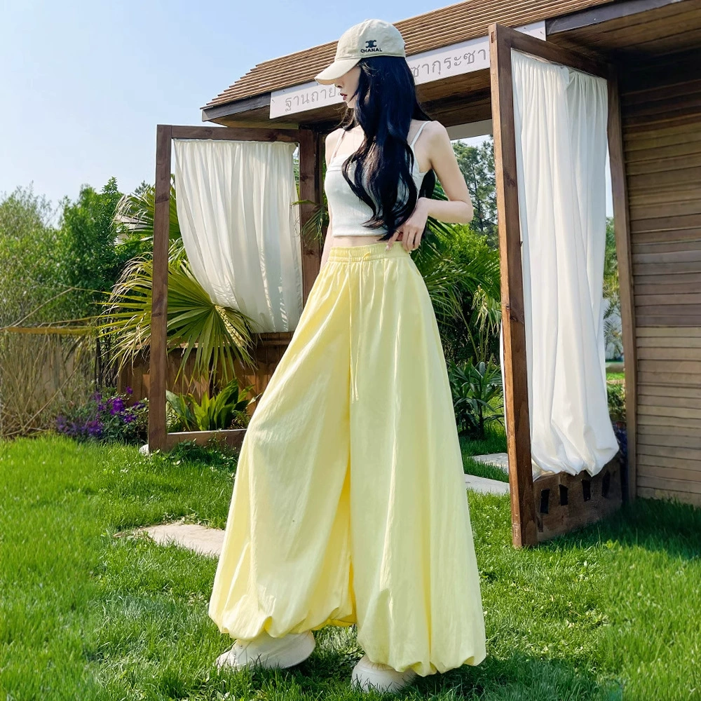 Женские шаровары из ледяного шелка с цветочным принтом, летние свободные повседневные брюки с широкими штанинами, корейский стиль, ленивые и пышные брюки-фонарики.