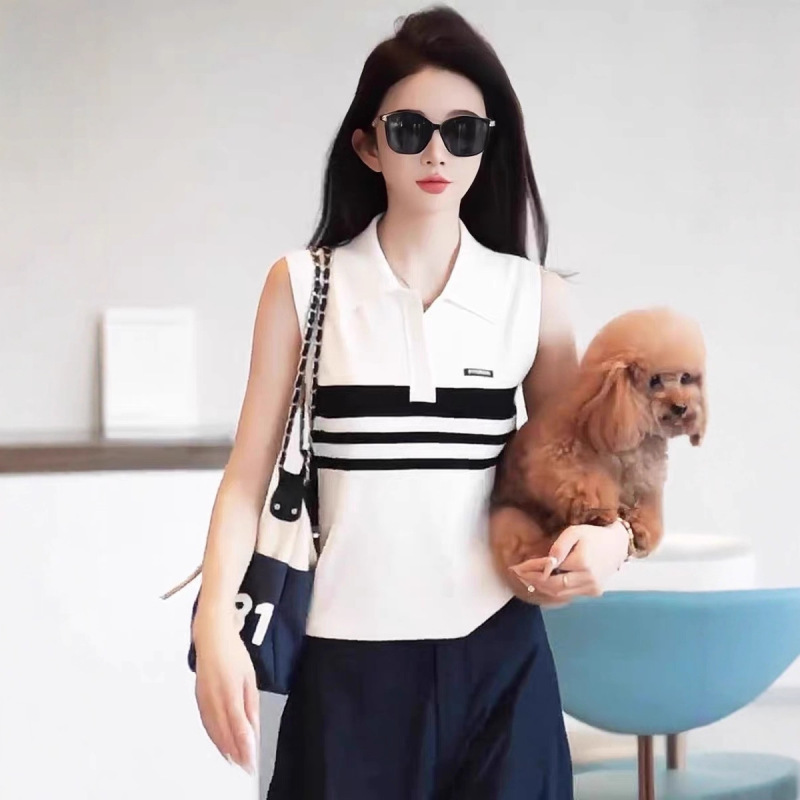 Korean Style Simple Contrasting Color Polo Collar Sleeveless Knitwear for Women 2025 Summer New Slim Fit and Stylish Top