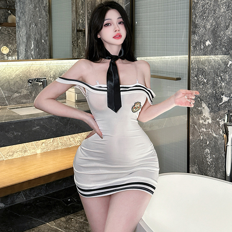 Pinxian Sexy Lingerie Women's Sexy One-Shoulder Tube Top Lace-Up Cut Out Stewardess Navy Hip-Covering Preppy Uniform 2507