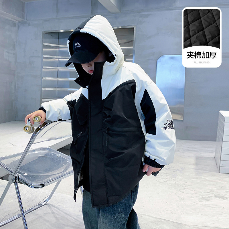 Boys' Winter Cotton Jacket Three-In-One Color-Blocked Parka Coat 2025 New Style for Older Children, Thickened Winter Cotton Clothing