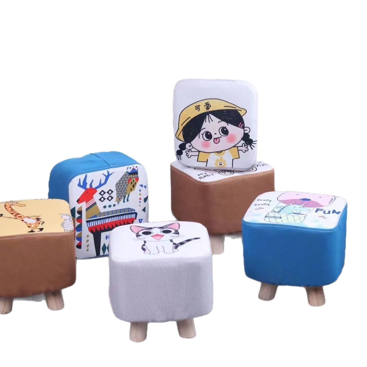 Taburetes de zapatos de madera sólida de dibujos animados para niños taburetes cortos de tela al por mayor logotipo de regalo taburetes sofá