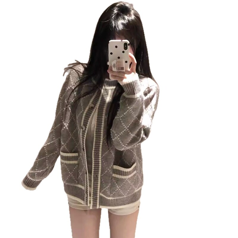 设计感菱格毛衣外套女装春秋韩系灰色慵懒小香风轻奢针织开衫上衣|undefined