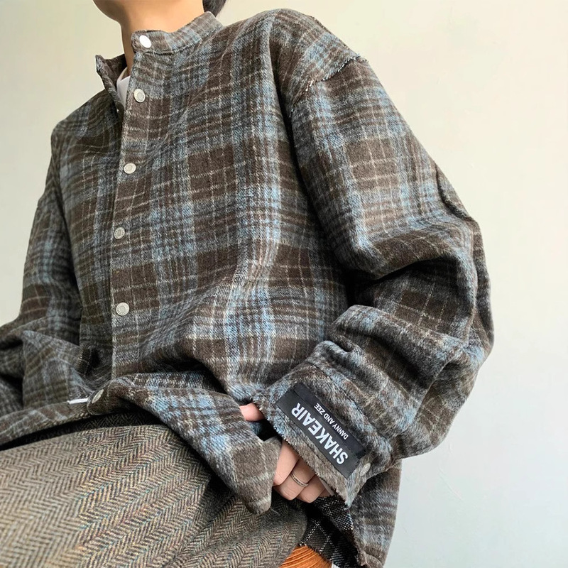 American Style Retro Blue brown Plaid Shirt Men's Spring and Autumn Velvet Style Lazy Shirt cleanfit Fabric Thin Coat American Style Retro Blue brown Plaid Shirt Men's Spring and Autumn Velvet Style Lazy Shirt cleanfit Fabric Thin Coat