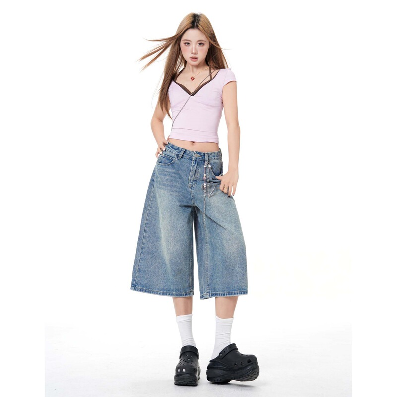 【Jin Yin】4 Colors/High-Waisted Cropped Jeans for Women, Spring/Summer Style, Straight Loose Fit, Slimming, Versatile, Simple Wide-Leg Pants