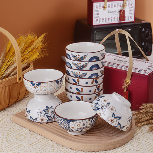 Retro green flower bowl and chopsticks set for opening event, practical souvenir, small gift, wholesale ceramic tableware set