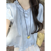 韩系甜美小清新木耳花边领蓝色衬衫女夏今年流行抽褶宽松小衫小个