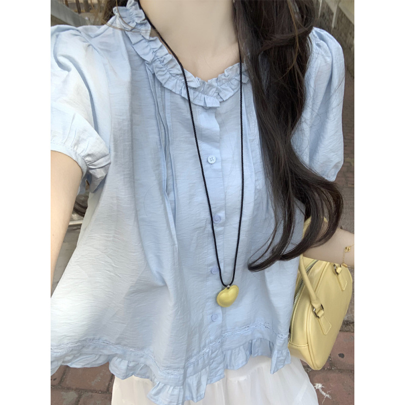 韩系甜美小清新木耳花边领蓝色衬衫女夏今年流行抽褶宽松小衫小个