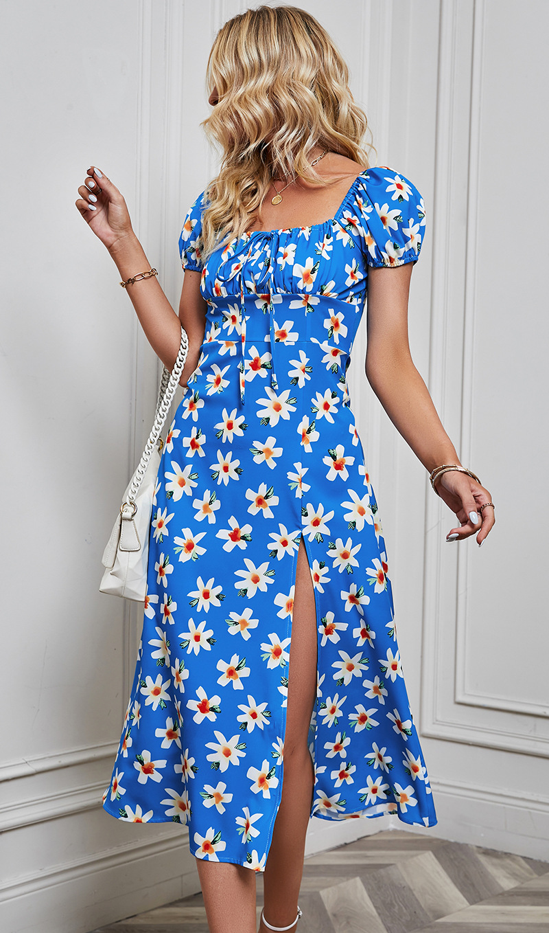 Women's Slit Dress Sexy Boat Neck Printing Slit Backless Short Sleeve Flower Midi Dress Daily display picture 4