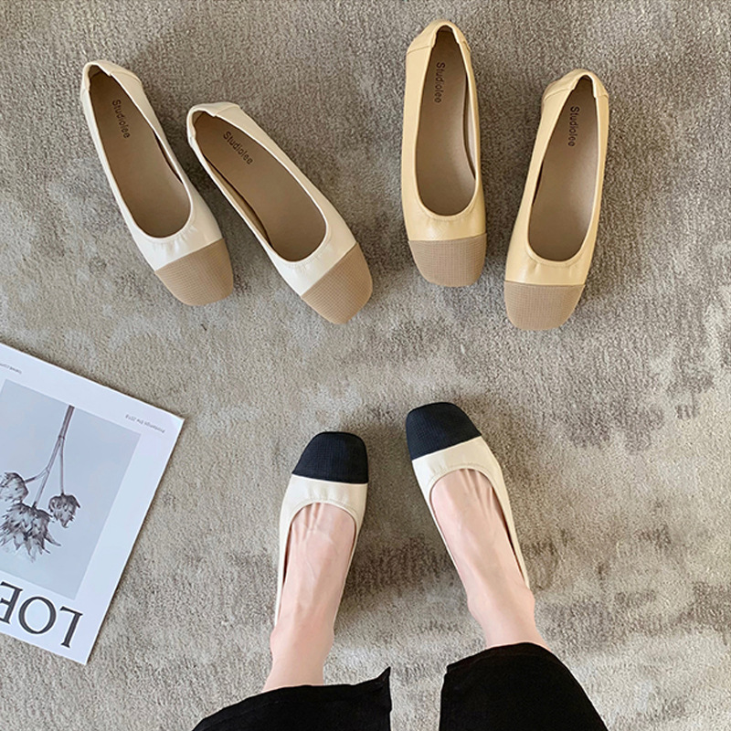 2024 otoño nuevo estilo francés retro cabeza cuadrada fondo plano zapatos individuales pequeños fragantes zapatos de ballet de boca baja a juego de color mujeres