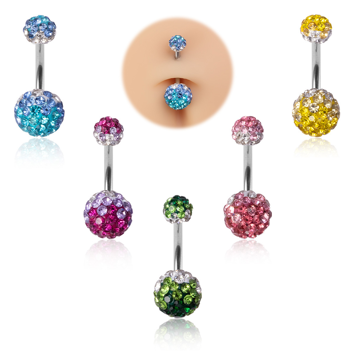Belly Button Ring With Full Diamond Heart And Soft Clay Ball_voghion.com