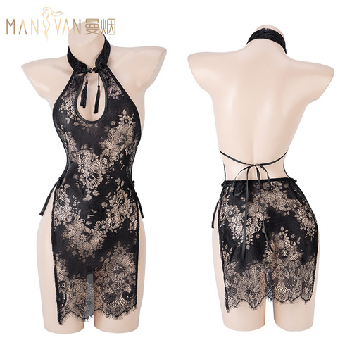 Manyan sexy lingerie sexy water drop hollow buckle pendant lace high waist slit ancient style cheongsam uniform 8575