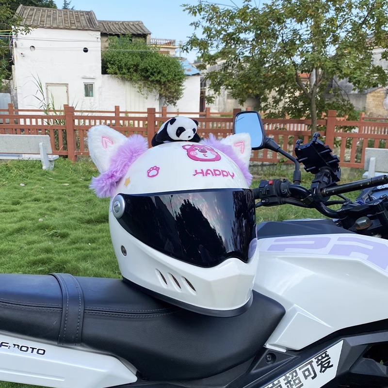 Cute Purple Thick Fleece Heart Cat Ear Motorcycle Electric Vehicle Helmet Decor