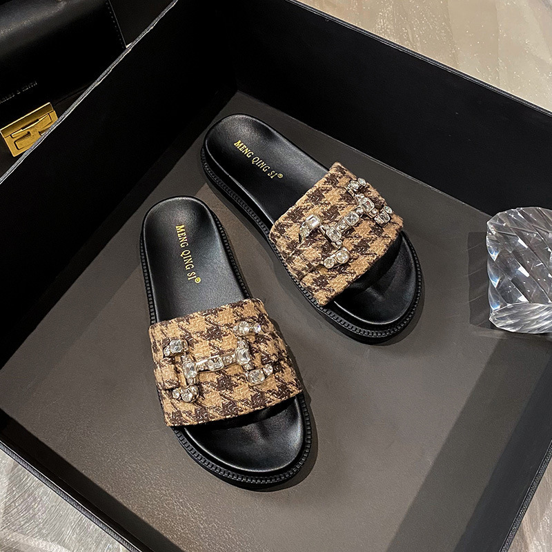 Houndstooth Platform Sandals and Slippers for Women's Summer Wear New 2023 Large Size 41-43 Rhinestone Horse Buckle Slippers