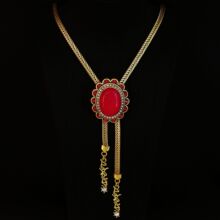 中古风vintage镶锆玫红色花朵超长款项链复古气质毛衣链女式项饰