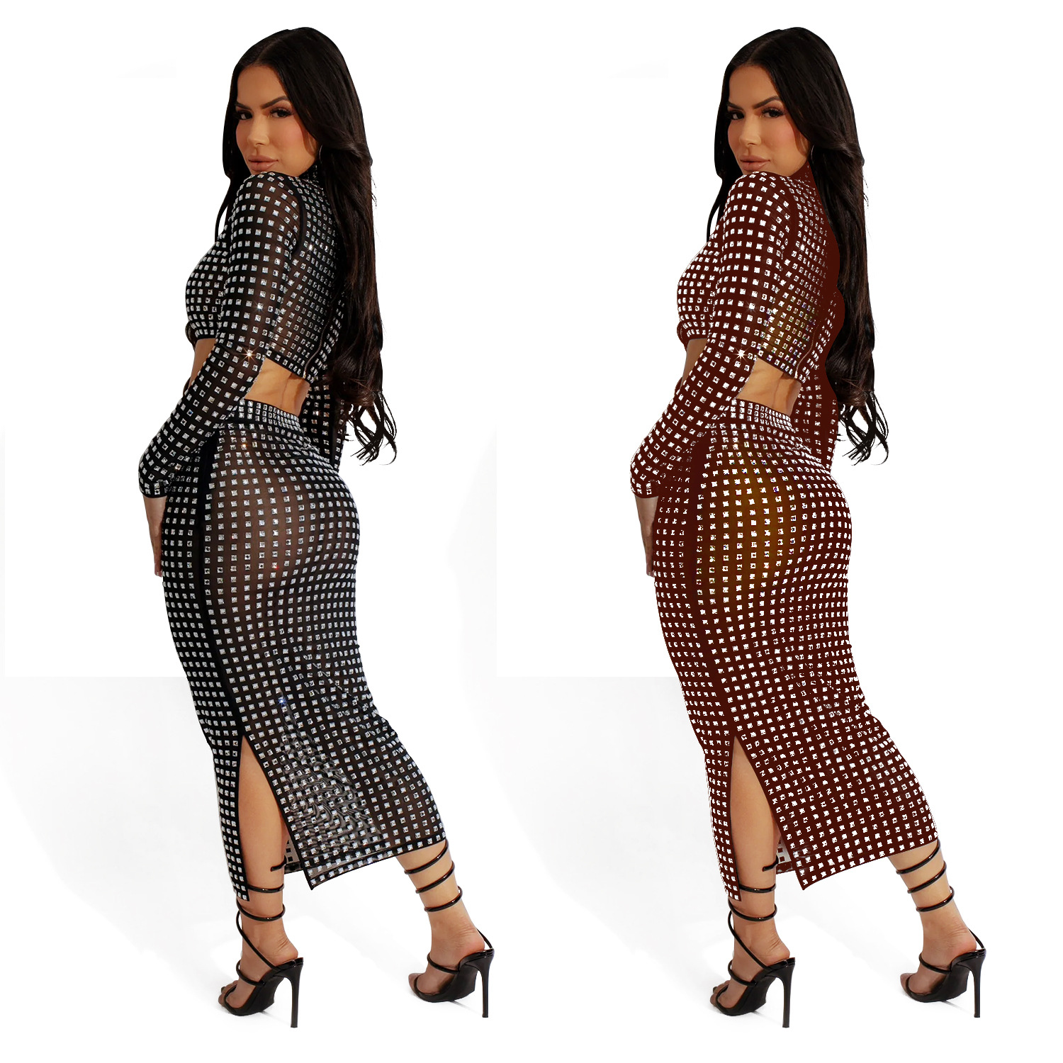 C6946 Cross-border AliExpress Amazon Independent Station Falda de dos piezas de malla de diamantes calientes de color sólido para mujer de moda europea y americana