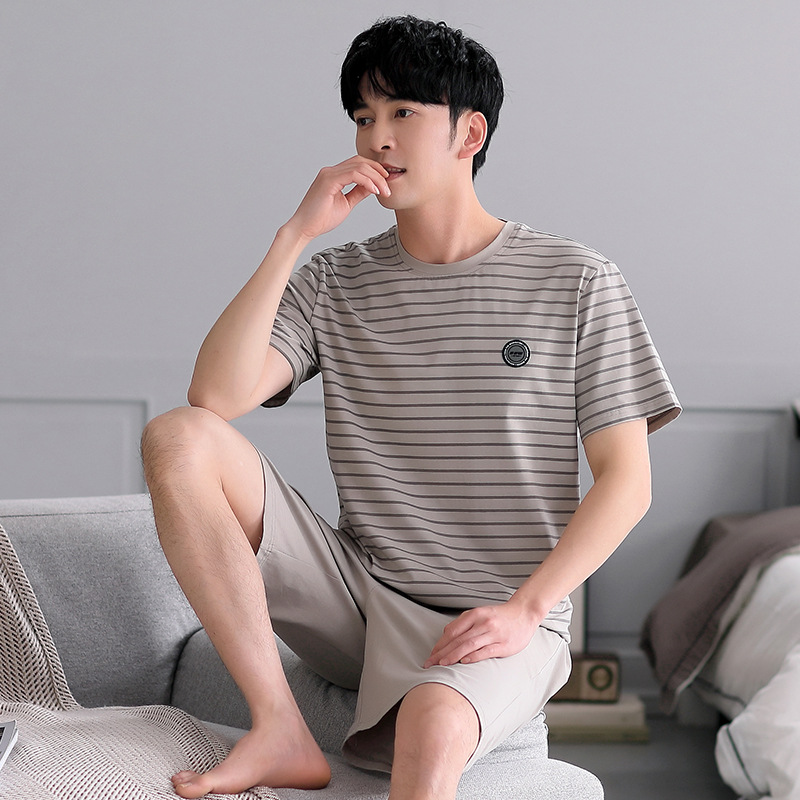 남자의 잠옷 여름 얇은 모달 반팔 반바지 스트라이프 플러스 사이즈 십대 남자의 가정 옷 세트
