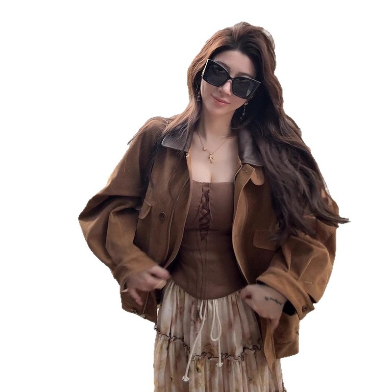 美式复古设计感做旧翻领夹克女2025秋季新款撞色拼接收腰显瘦外套|undefined
