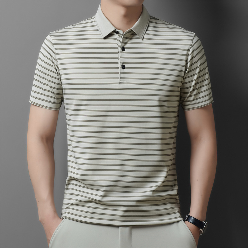 2026 Short-Sleeved T-Shirt Men's Lapel Mulberry Silk Middle-Aged Business Ice Silk Striped Polo Shirt Summer Business Work Clothing 2026 Short-Sleeved T-Shirt Men's Lapel Mulberry Silk Middle-Aged Business Ice Silk Striped Polo Shirt Summer Business Work Clothing