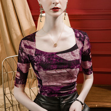 扎染印花方领网纱打底衫女五分袖修身2023秋季新款中袖上衣小衫
